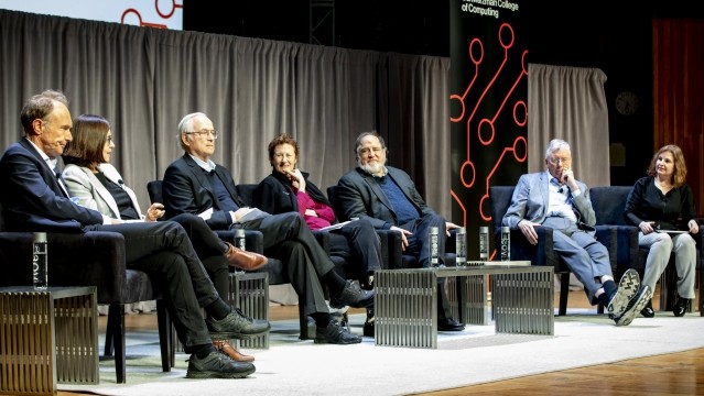 A photo showing Tim Berners-Lee, Shafi Goldwasser, Butler Lampson, Barbara Liskov, Ron Rivest, Michael Stonebraker, and moderator Daniela Rus at the Turing panel