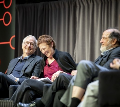 A photo taken of panelists at the Hello, World. Hello, MIT event.