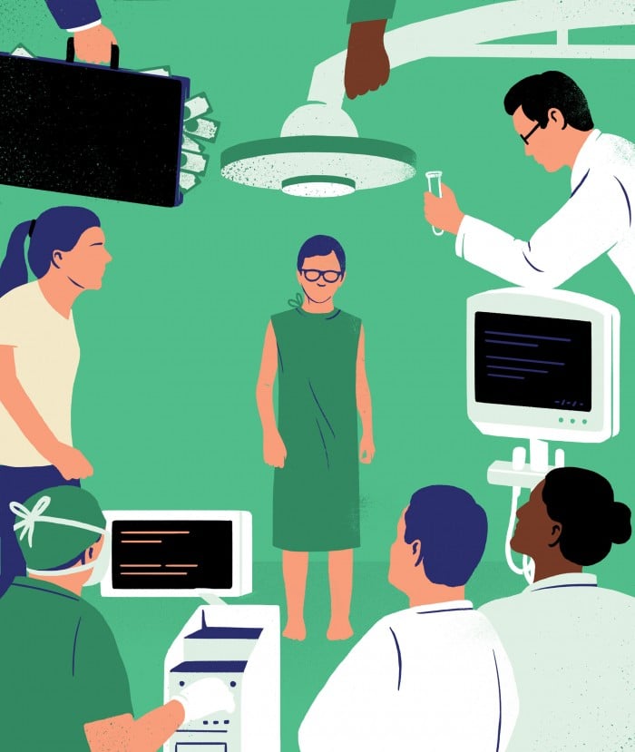 Illustration of patient surrounded by doctors, researchers, and medical equipment