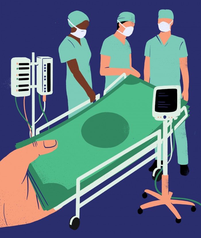 Illustration of hand holding cash, forming the image of a hospital bed