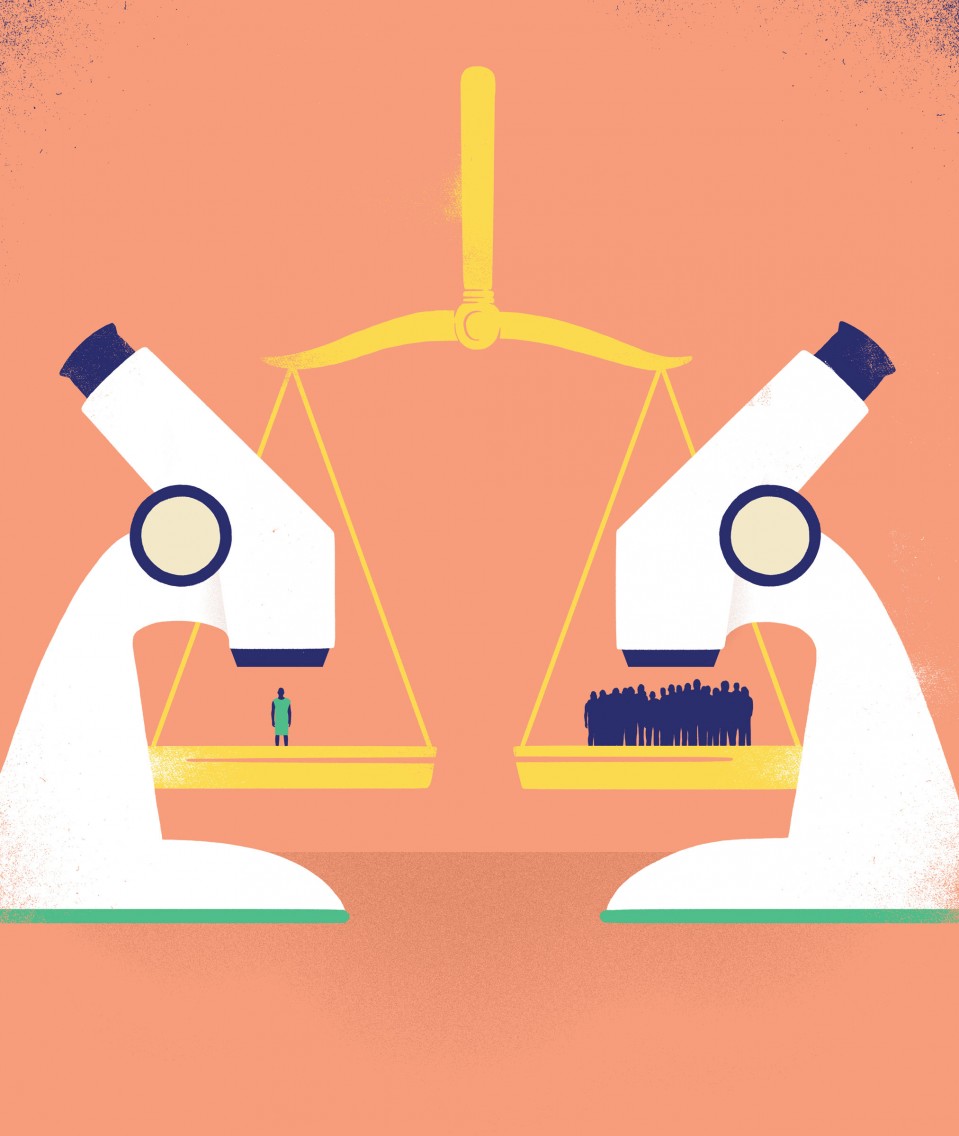 Illustration of two microscopes situated over scales of justice. One side focuses on a group of people, the other is focused on a single person.