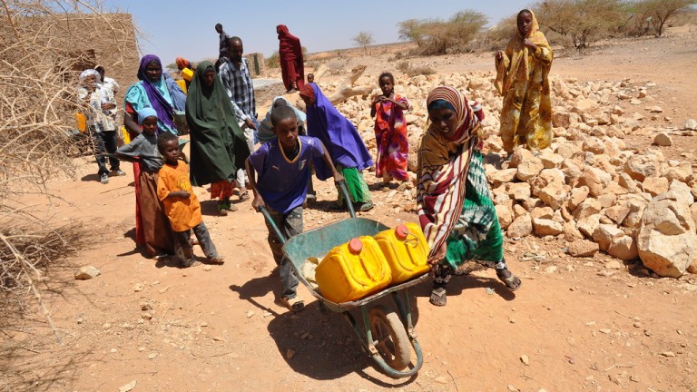 A young boy wheels his family's daily allowance of water during Somalia's drought earlier this decade.