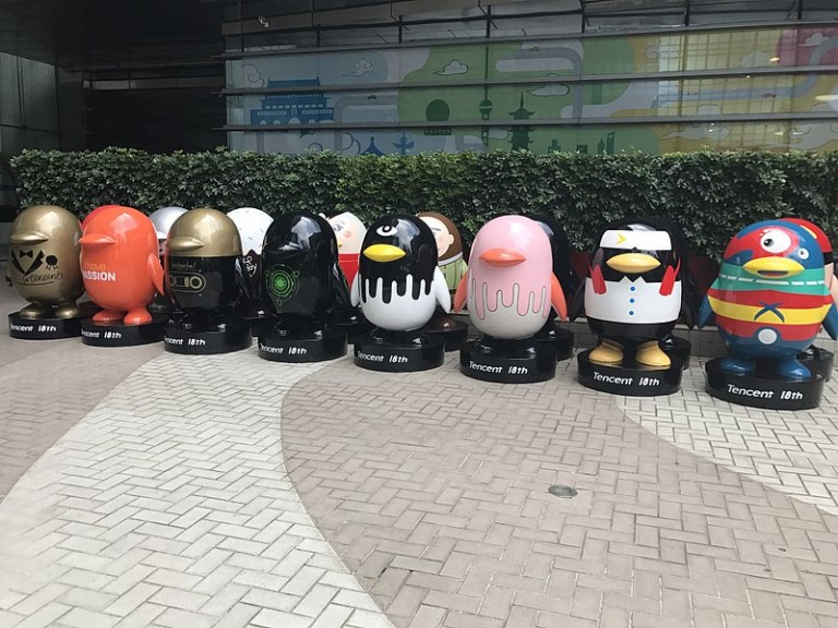 Mascots, not robots, outside Tencent's headquarters.