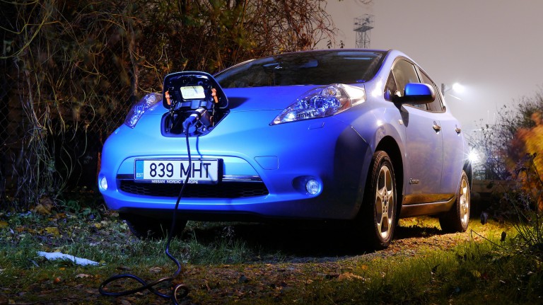 A Nissan Leaf, charging
