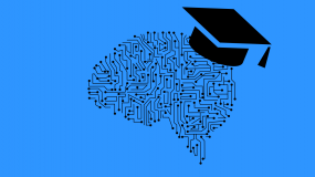 Drawing of a circuit board in the shape of a brain with a graduate hat on top