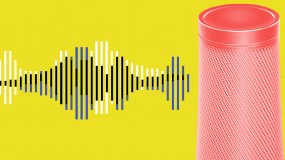 An image of a voice assistant device next to sound waves