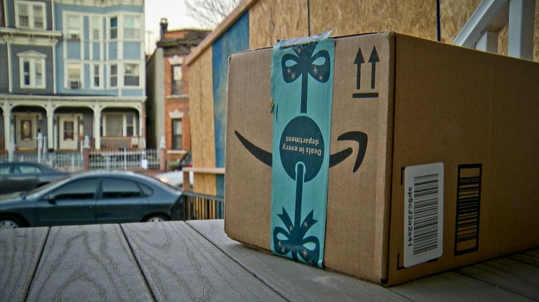 An Amazon package on a porch