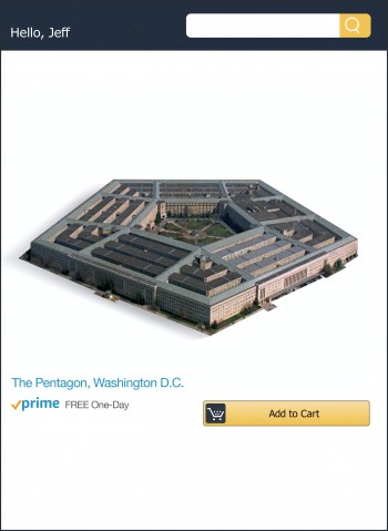 Photo illustration of Amazon purchase interface with an Add to Cart button below an image of the pentagon and "Hello Jeff" in the user account section.