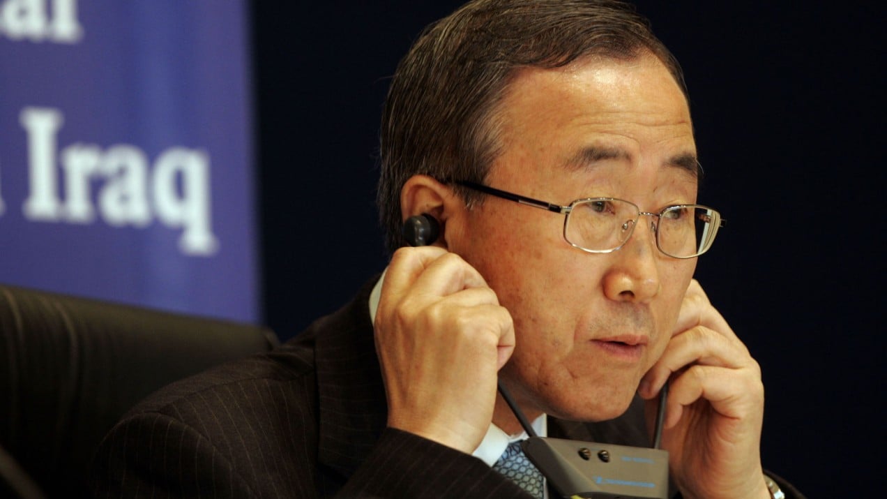 An image of U.N. Secretary-General Ban Ki-moon listening to a translation device