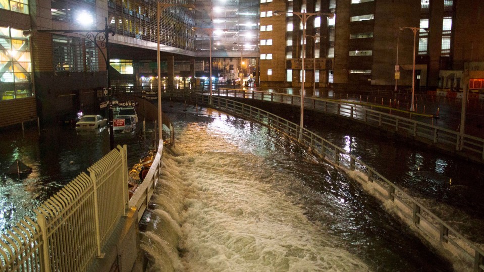 seawater floods the entrance to the Brooklyn Battery Tunnel during Superstorm Sandy in New York