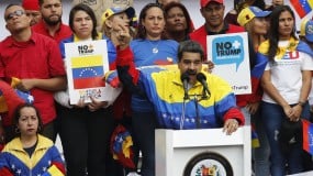 Venezuelan president Nicolas Maduro addresses a crowd at a rally condemning US sanctions.