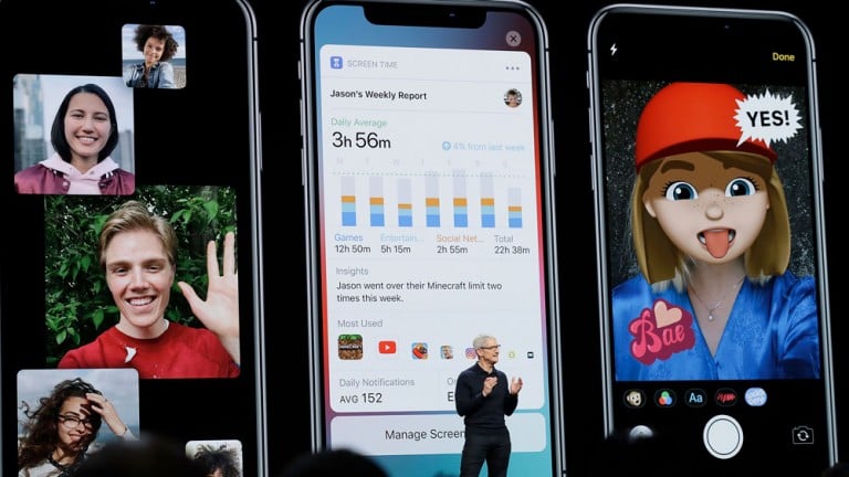 Apple CEO Tim Cook presents the company's screen time app on stage