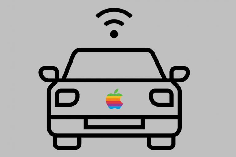 Drawing of a self-driving car with an apple logo on the grill
