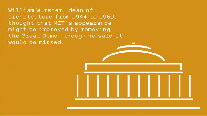 Illustration of MIT's Great Dome. Text reads - William Wurster, dean of architecture from 1944 to 1950, thought that MIT’s appearance might be improved by removing the Great Dome, though he said it would be missed.