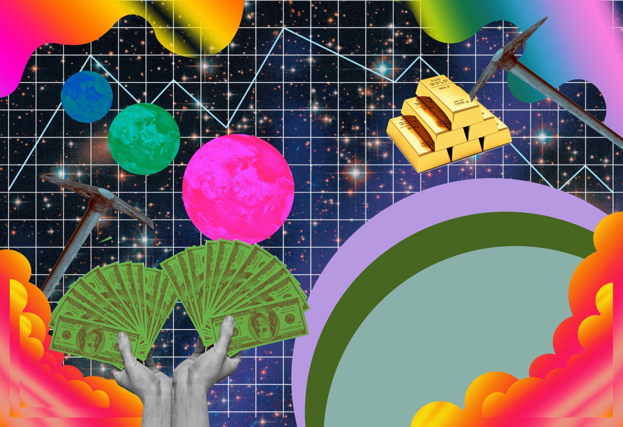 An illustration showing US hundred dollar bills, gold, and space