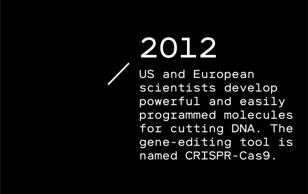 Timeline entry 2012 - US and European scientists develop powerful and easily programmed molecules for cutting DNA. The gene-editing tool is named CRISPR-Cas9.