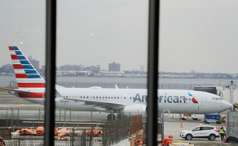 A Boeing 737 Max sits grounded at LaGuardia Airport in New York