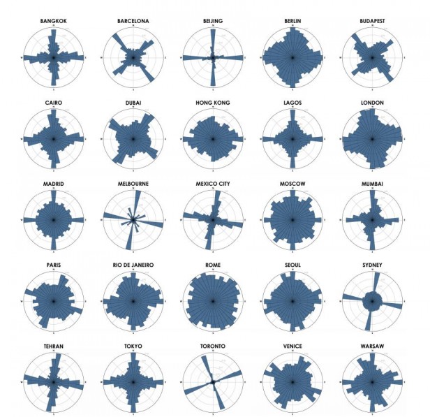 Rose diagrams of 25 cities