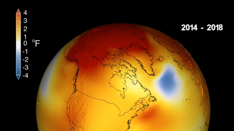 A depiction of how temperatures have risen over North America from 2014 to 2018