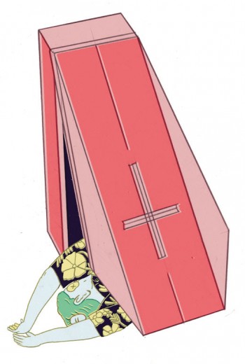 man falling out of coffin illustration