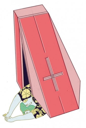 man falling out of coffin illustration