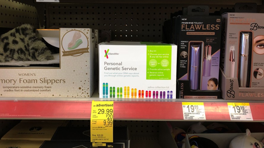 Photo of 23andMe genetic test kit on a CVS store shelf
