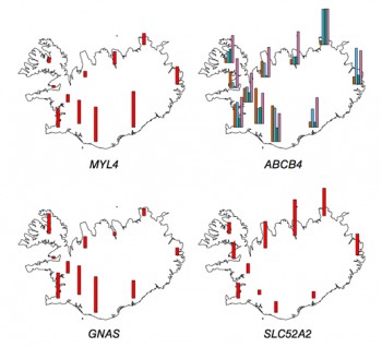 Maps show how common certain risk-causing DNA mutations are around Iceland.