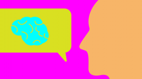 Illustration of person with speech bubble showing a brain within it.