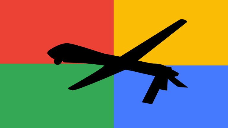 An illustration of a military drone with Google's color as the background