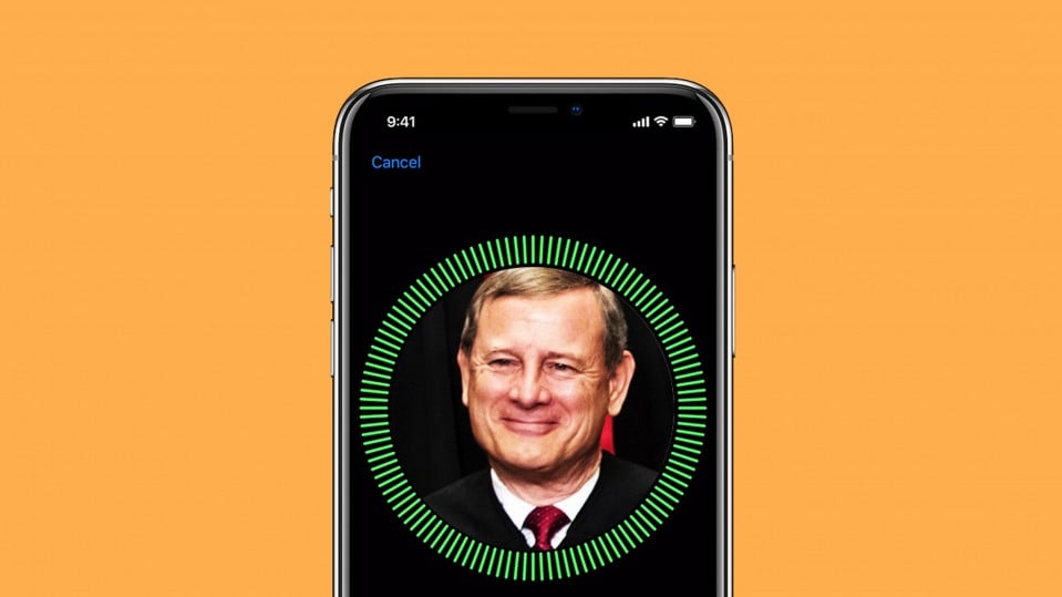 An iphone image showing Face ID set up screen with Justice John Roberts's face