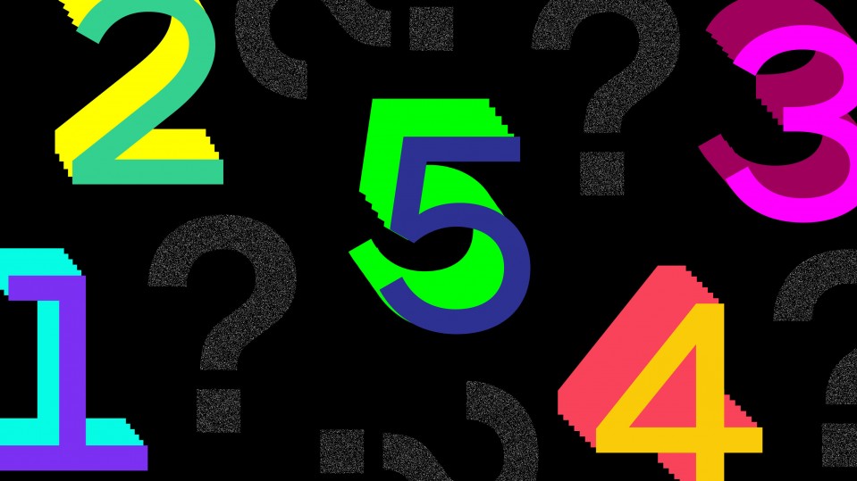 An abstract illustration showing  the numbers 1-5 and question marks