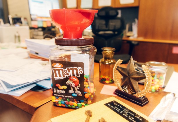 desk in Dr Gahl's office with M&M candies