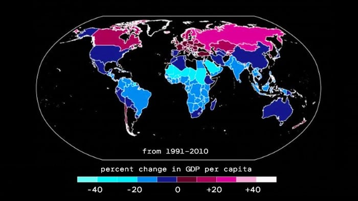 Image of map showing percent change in GDP per capital from 1991-2010