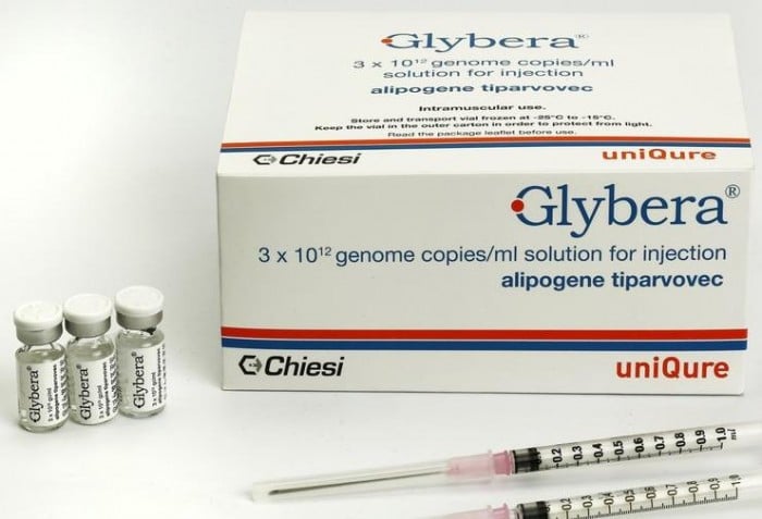 Photograph of a box of Glybera with syrinces and vials