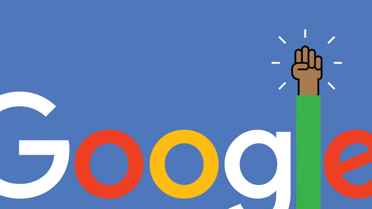 Illustration of Google logo with letter L as a raised arm/fist in the air