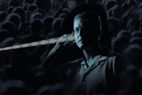 An illustration of a researcher receiving sounds to their ear transmitted through the air