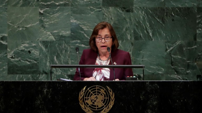 Marshallese President Hilda Heine speaking to the United Nations.