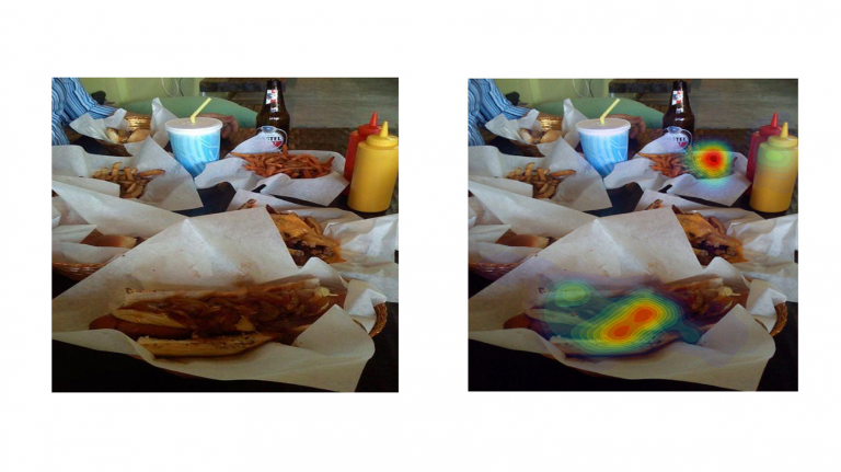 Photo of hot dogs, and the same photo with a heat map on the hot dog