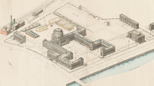 An archival drawing of the MIT campus
