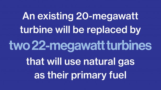 An existing 20-megawatt 
turbine will be replaced by 
two 22-megawatt turbines 
that will use natural gas 
as their primary fuel