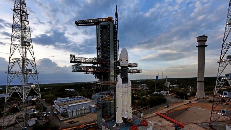 India's Geosynchronous Satellite Launch Vehicle Mark III rocket sits on the pad awaiting liftoff