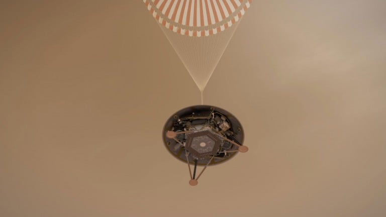 An artist's impression of the InSight lander as it deploys its parachute
