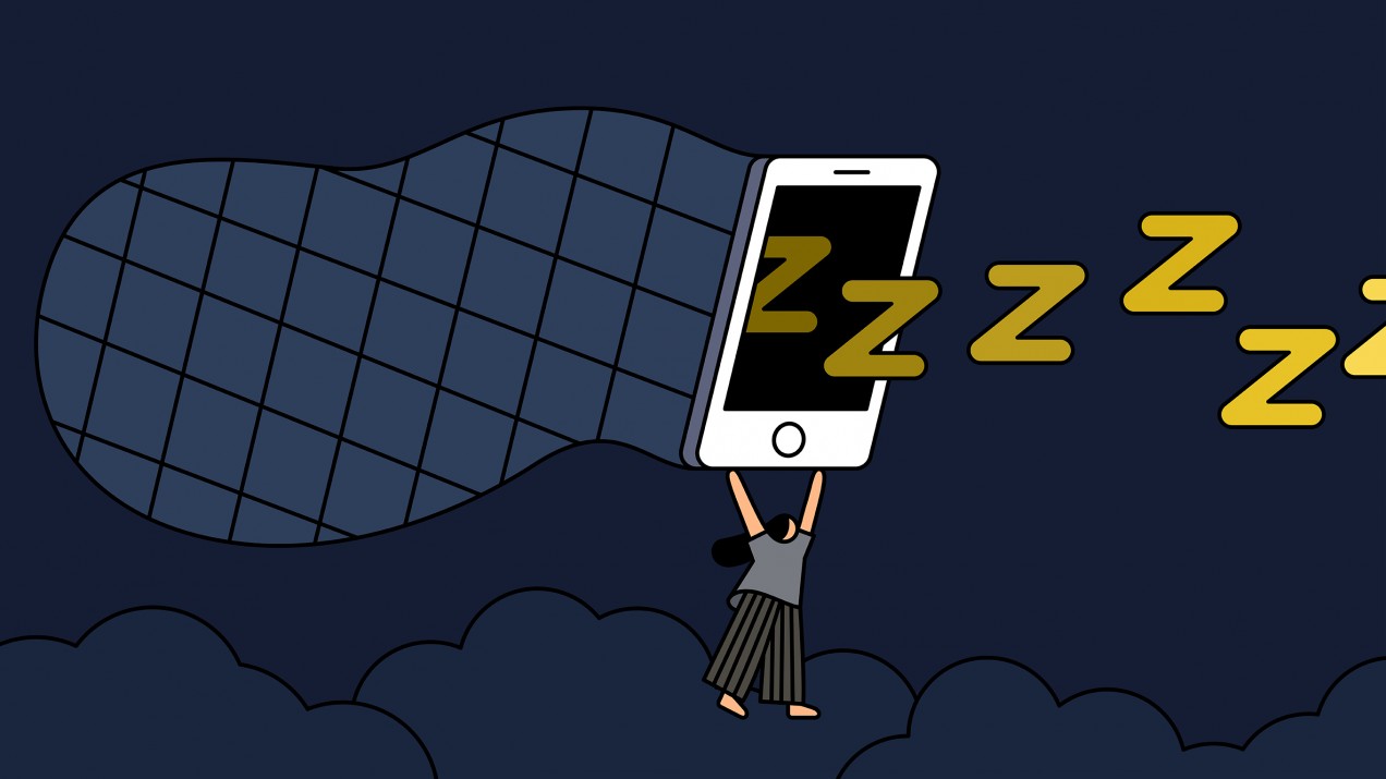 Conceptual illustration of a woman catching z's in a net that looks like a smartphone.