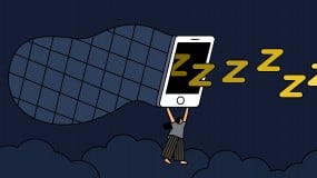 Conceptual illustration of a woman catching z's in a net that looks like a smartphone.