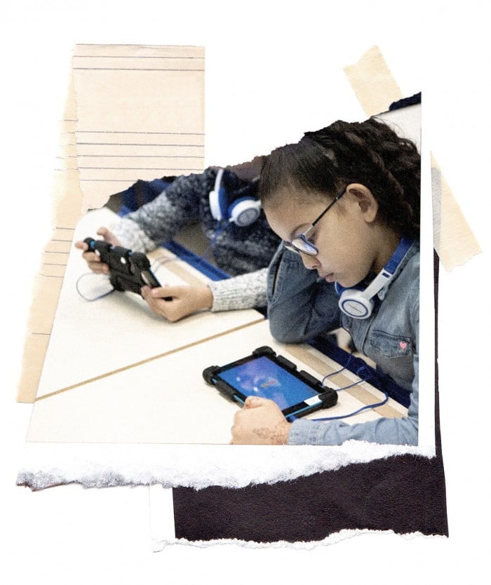 collage of imagery showing a young student using a tablet in the classroom