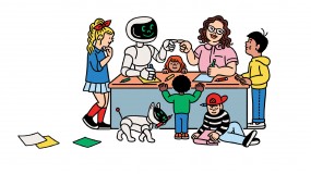 Conceptual illustration of kids playing AI Bingo with the researchers and a robot
