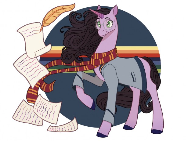 conceptual illustration of my little pony wearing a Harry Potter scarf