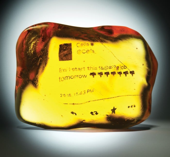 conceptual illustration of a tweet trapped in amber