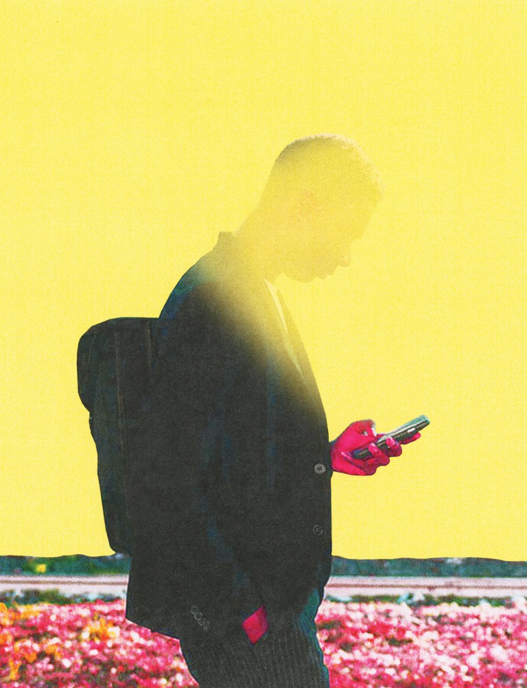 conceptual illustration of a mans face being obscured by his phone