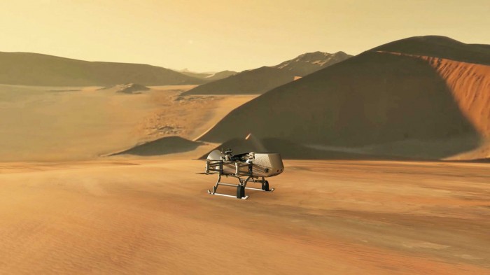 An illustration of NASA’s Dragonfly approaching a site on Titan.